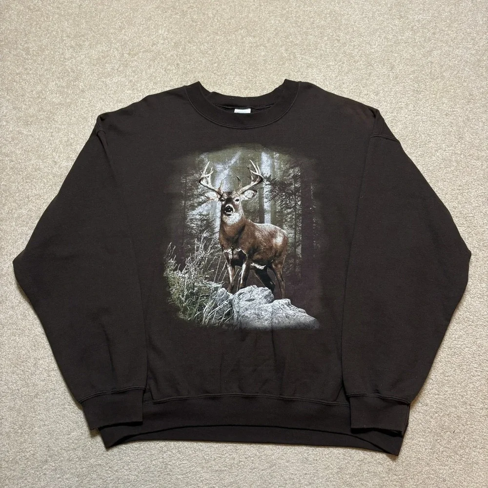 Deer Sweatshirt Mens XL Brown Buck Nature Forest Graphic Fleece Crewneck Hunting
